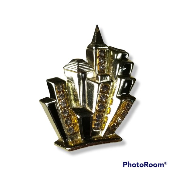AJC Vintage City Scape Building Brooch Pin Enamel and Rhinestone RARE - Picture 2 of 13